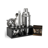 Cocktail Shaker Set, 13-Piece Stainless Steel Bar Tools with Bamboo Stand, Martini Bartender Kit Accessories | Mixer Spoon, Muddler, Jigger, Strainer, Liquor Pourers, Ice Tong, Corkscrew, Silver